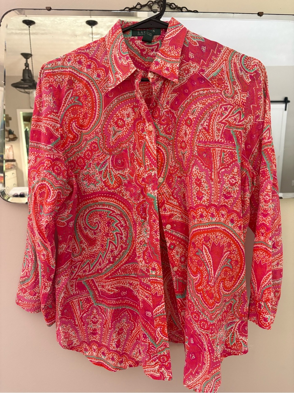 Lauren Ralph Lauren 100% Cotton Hot Pink Paisley Button-Front Blouse